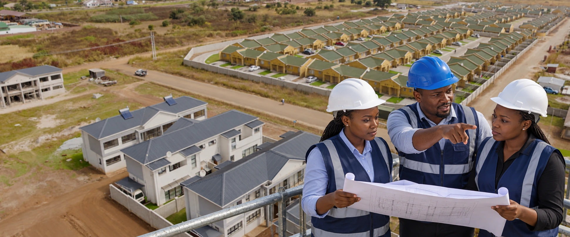 Synthetic Zimbabwean engineers reviewing plans above Madokero development