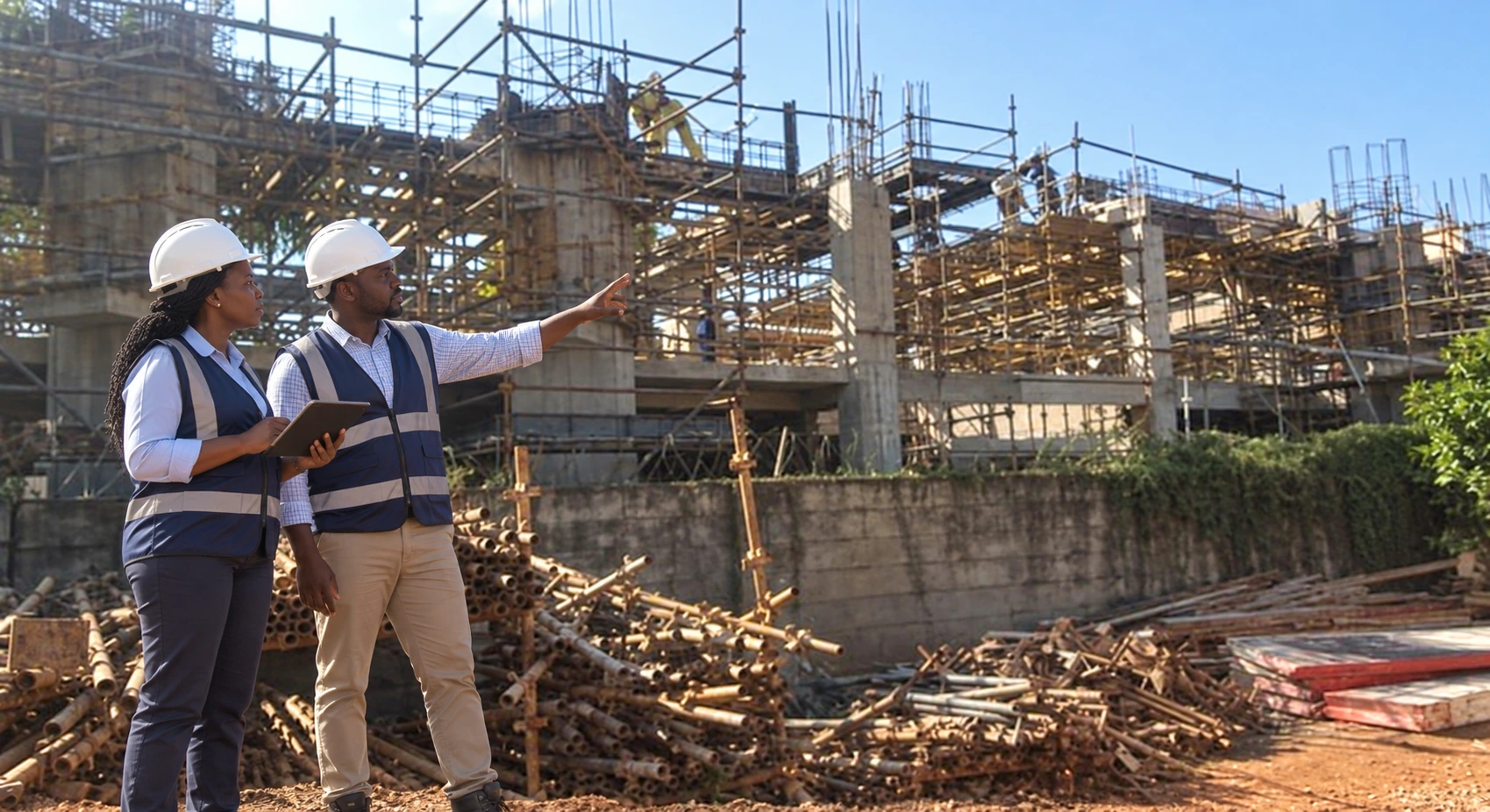 Synthetic Zimbabwean engineers reviewing a real concrete structure